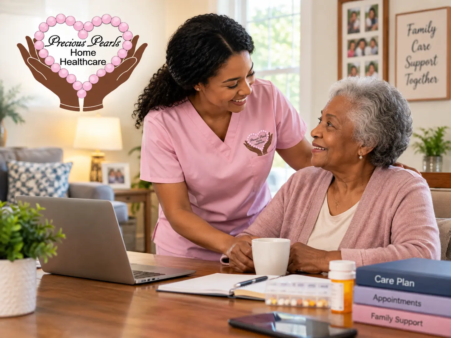 Home caregiver assisting an elderly woman with daily care planning and family support in Nassau County, NY.